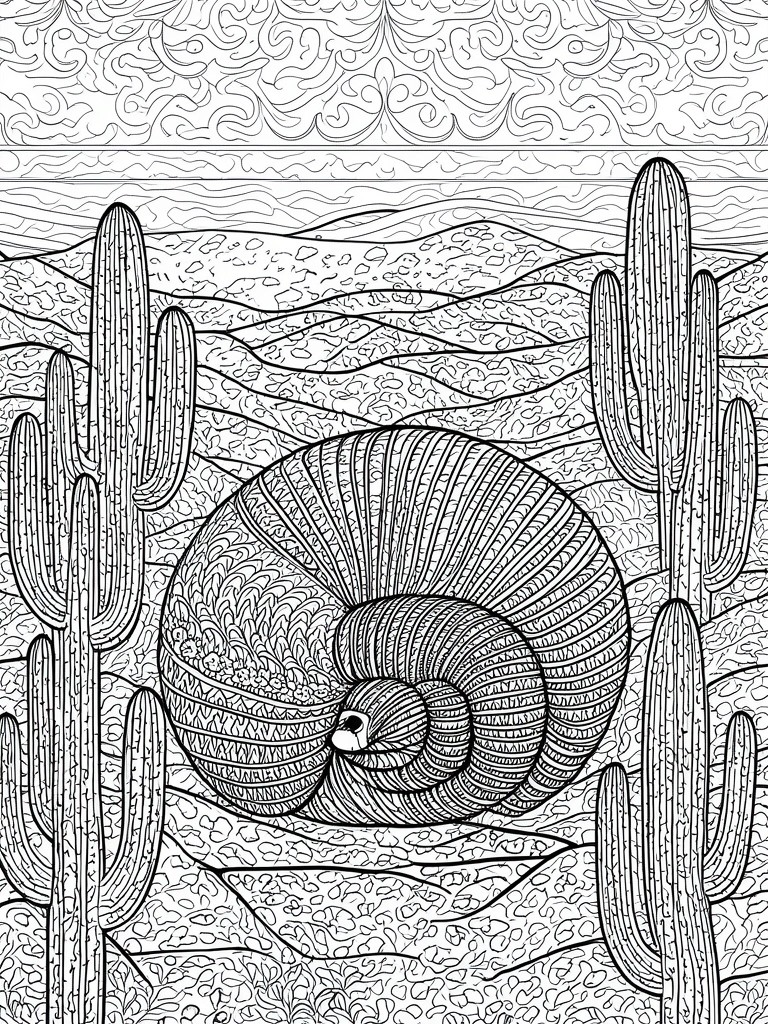 A black and white line drawing of a large patterned snail shell centered among desert cacti and hills.