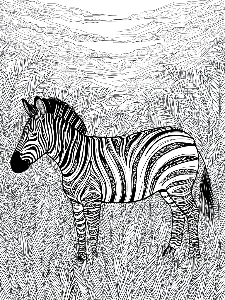 Decorative zebra with patterned stripes amid tall grass under swirling clouds
