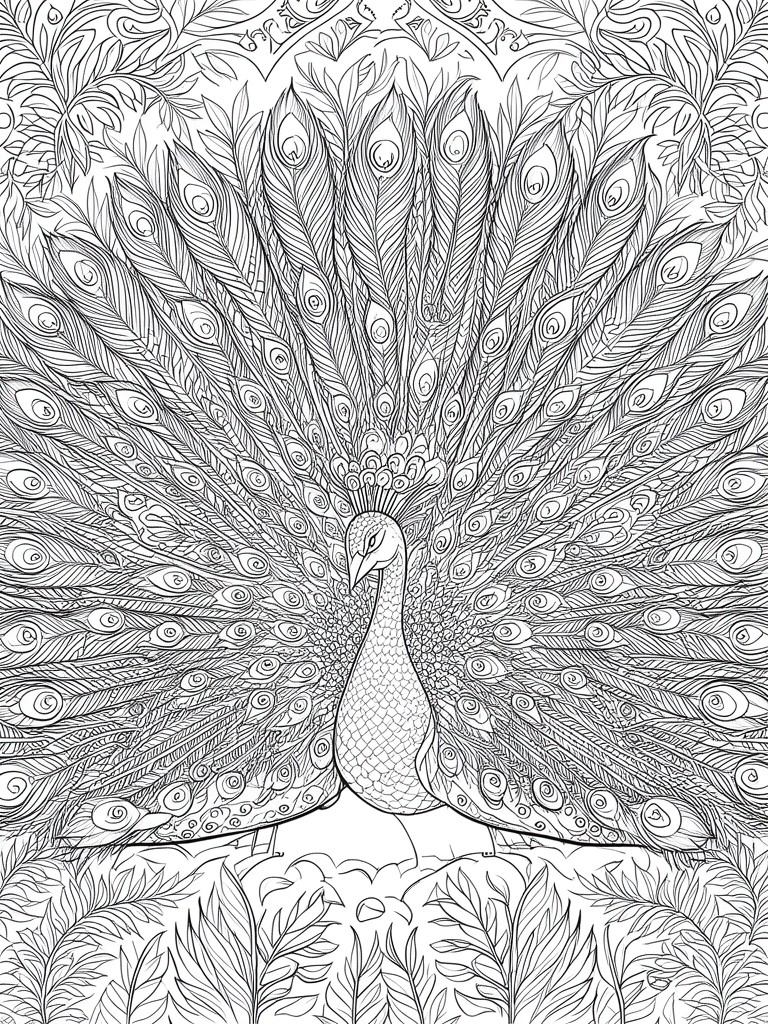 A black and white line drawing of a peacock with its tail fully fanned out showing detailed feather patterns and surrounded by leaves.