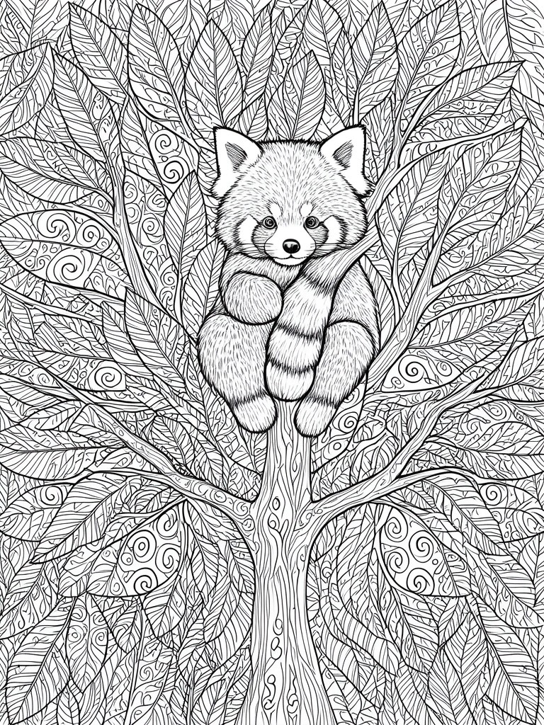 A black and white line drawing of a red panda sitting on a tree branch surrounded by many leaves with swirl patterns.