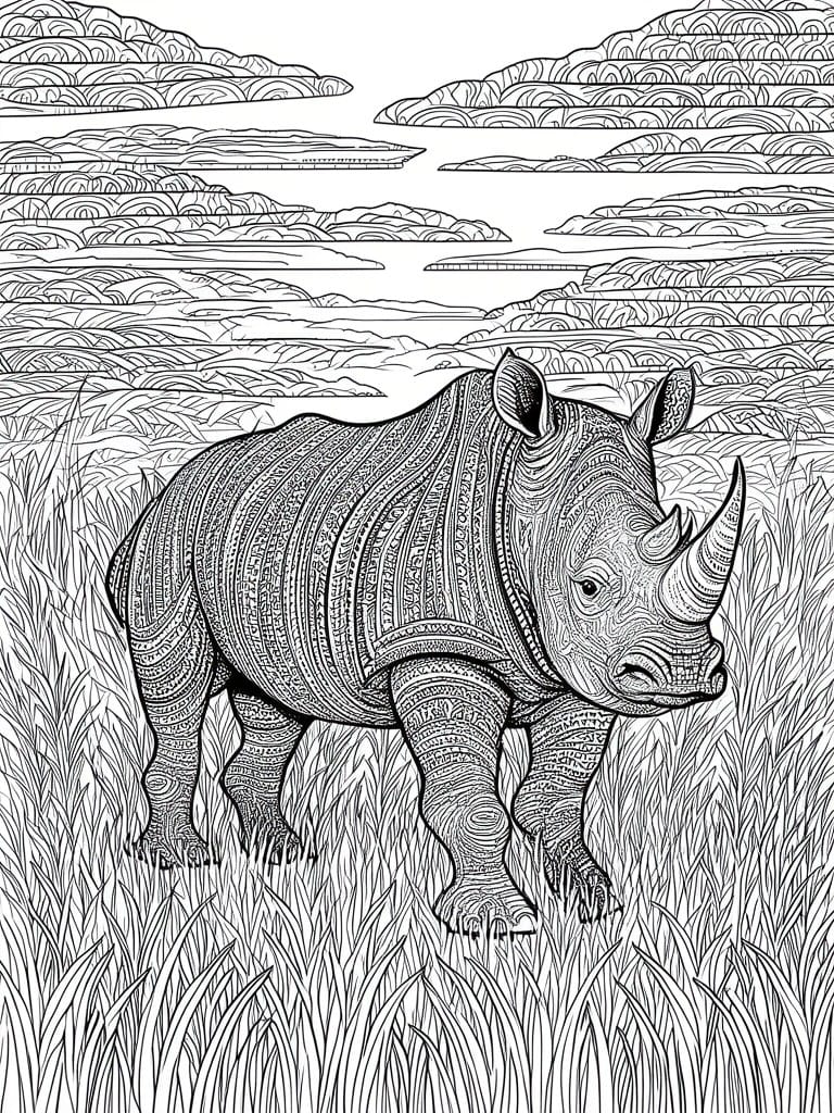 A black and white coloring page featuring a rhinoceros with detailed patterns standing in grass with layered patterned hills in the background.