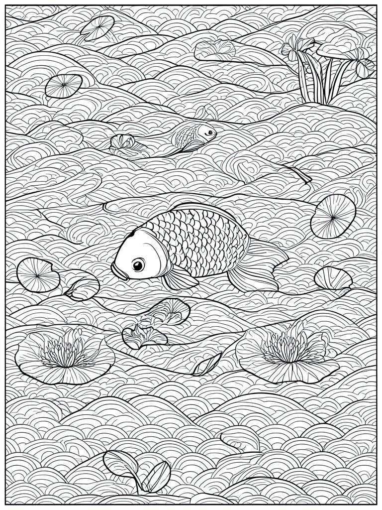 A black and white line drawing of a large fish with scales swimming in a pond filled with lily pads, flowers, and wavy water patterns.