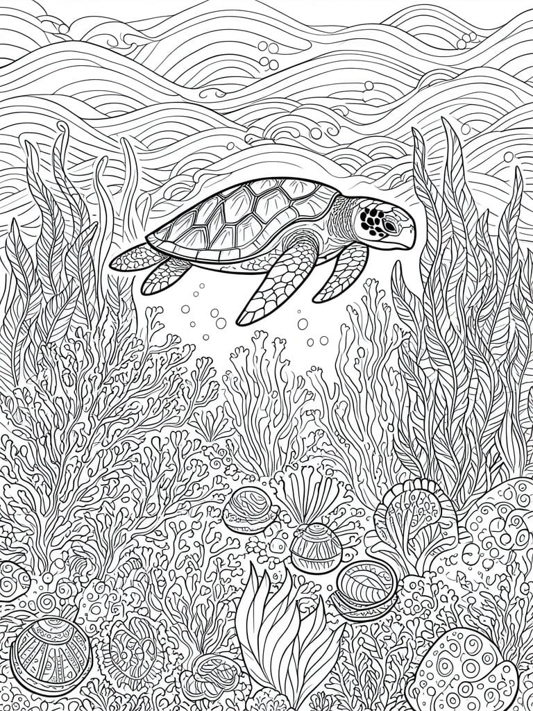 A black and white line drawing of a sea turtle swimming above a coral reef filled with shells and seaweed, with waves across the top.