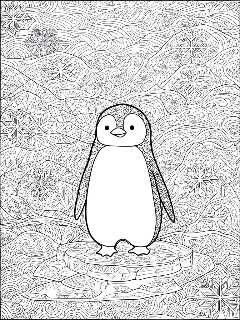 A black and white line drawing of a penguin standing on ice floes with snowflakes and swirling patterns filling the background.