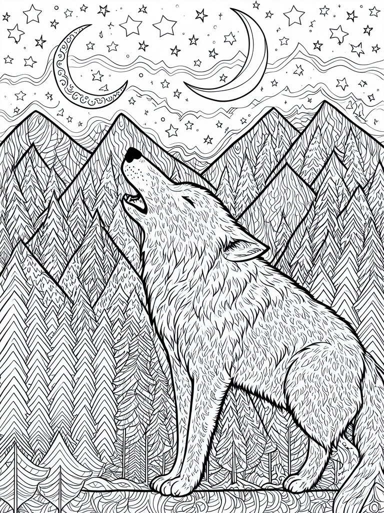 Line drawing of howling wolf beneath crescent moon and stars over mountain forest.