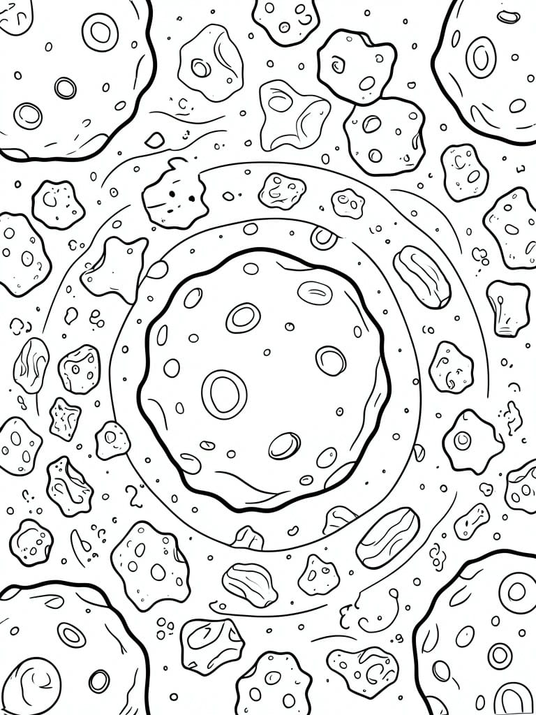 Coloring page of large cratered planet ringed by asteroids and space rocks.