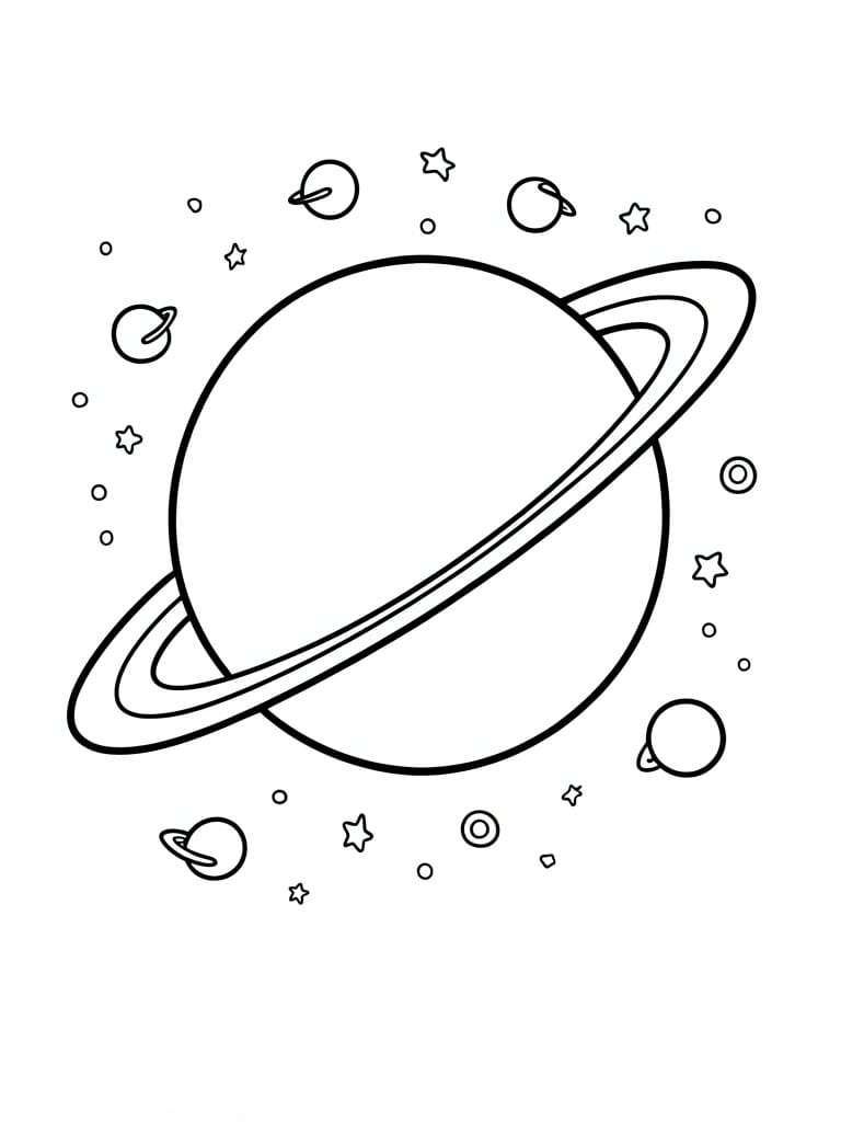 Black and white line drawing of ringed Saturn amid planets, moons, and stars.