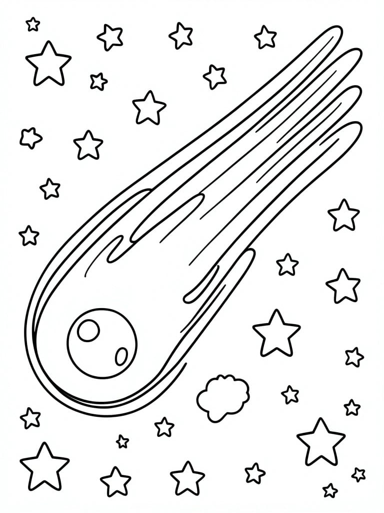 Line drawing of comet with long tail amid scattered stars and small cloud.