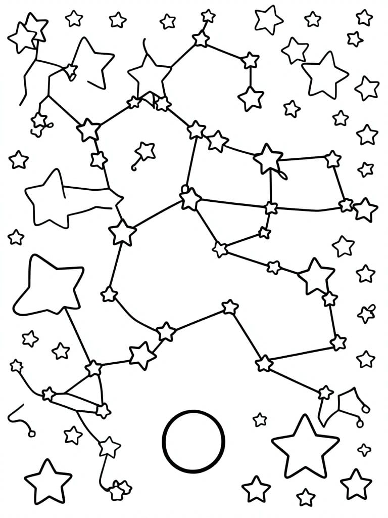 Coloring page of connected star constellations with moon below in night sky
