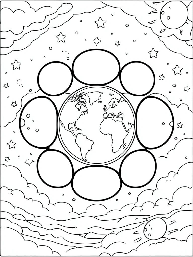 A black and white coloring page with Earth centered among eight oval shapes, stars, clouds, a sun, and a comet.