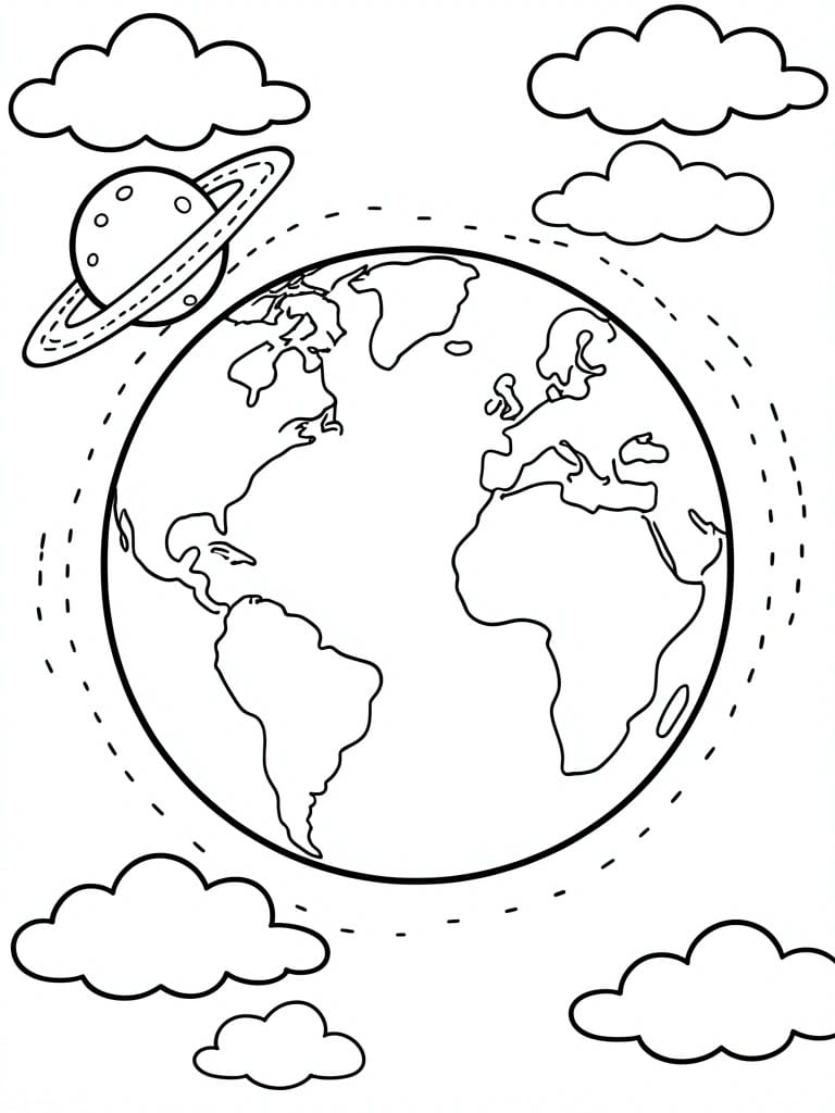 A black and white coloring page shows Earth with outlined continents next to a ringed planet, clouds in the corners, and a dashed line around the planet.