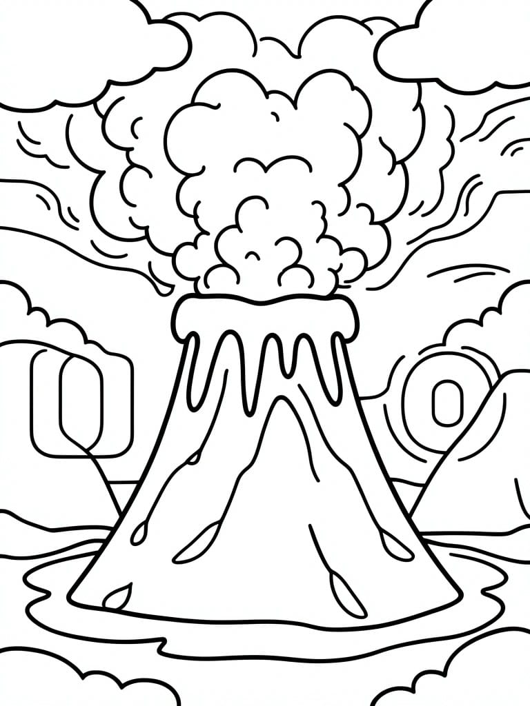 A black and white line drawing of an erupting volcano with smoke clouds, lava flows, and round shapes in the background.