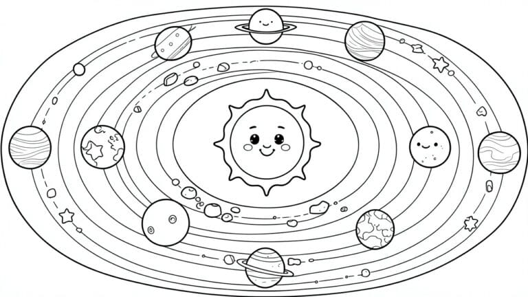 24 Educational Solar System Coloring Pages for Kids Curious About Planets Coloring page of smiling cartoon sun with orbiting planets, rings, stars, and asteroids.
