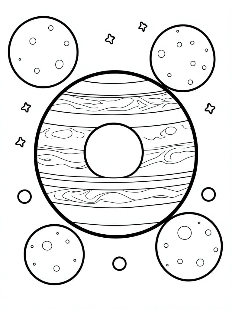 Line art of striped planet with moons and stars for coloring.