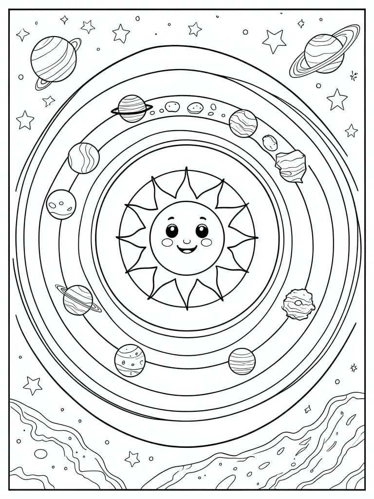 Coloring page of smiling cartoon sun with orbiting planets, rings, stars, and asteroids.
