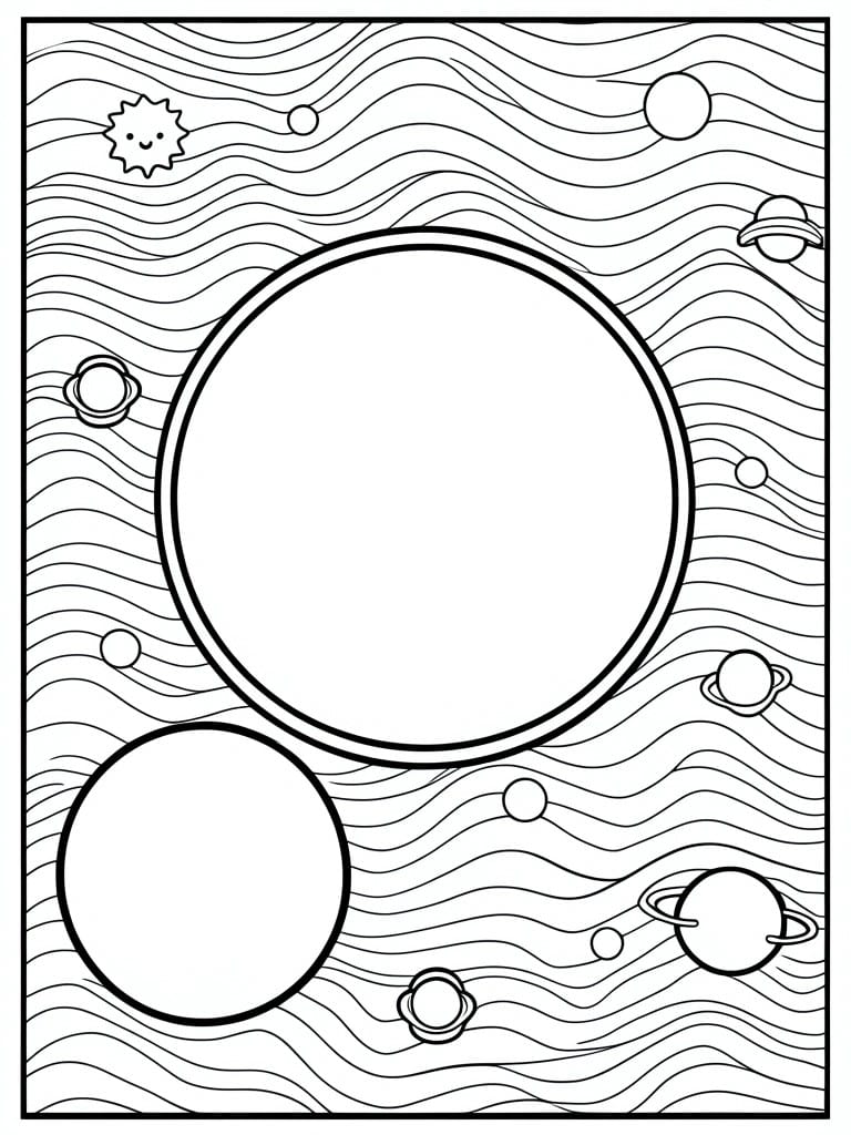 Coloring page of cartoon sun, planets with rings, and wavy space lines.