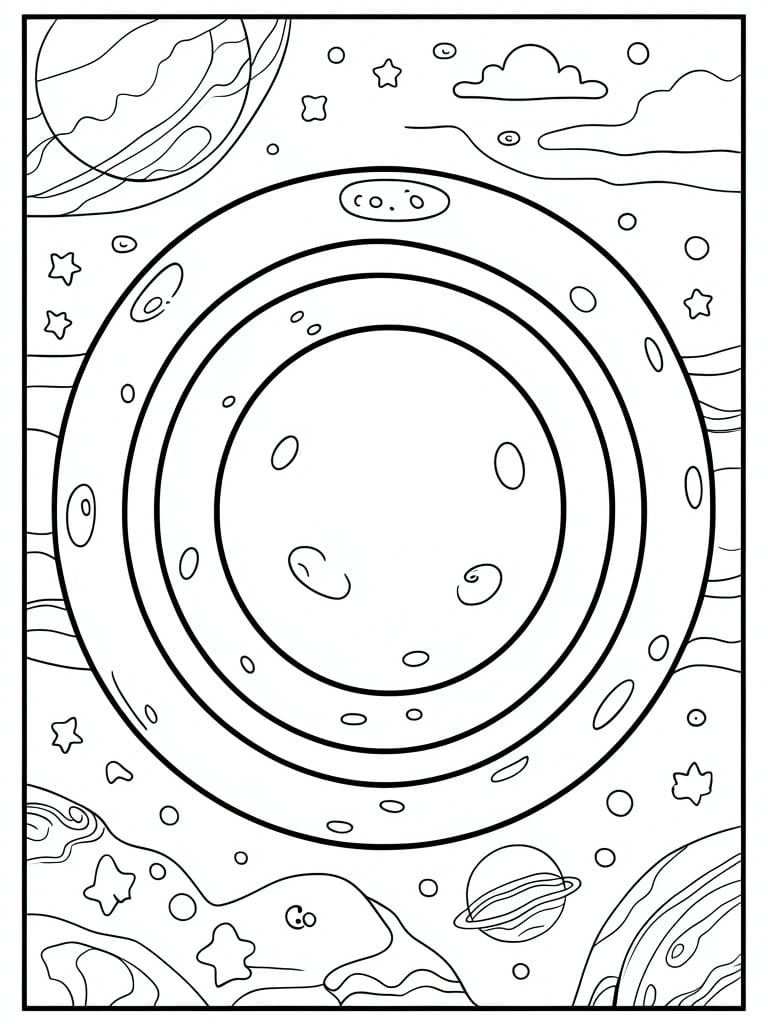 Black and white line drawing of a large central planet with multiple rings surrounded by smaller planets stars and cloud shapes.
