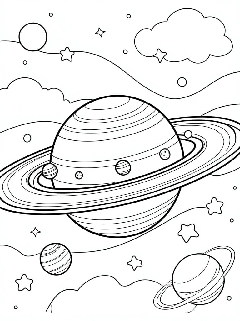 A black and white line drawing of a large ringed planet surrounded by smaller planets, moons, stars, and wavy background lines.