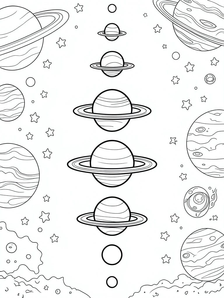 Coloring page of ringed planets, striped gas giants, stars, and space objects.