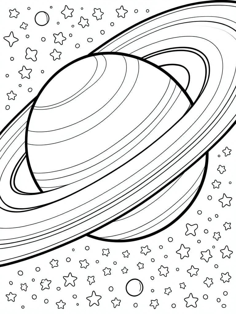 Line drawing of Saturn with wide rings, surrounded by stars and small circles on a white background.