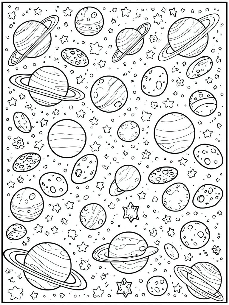 Coloring page of planets, ringed planets, moons, and stars in space.