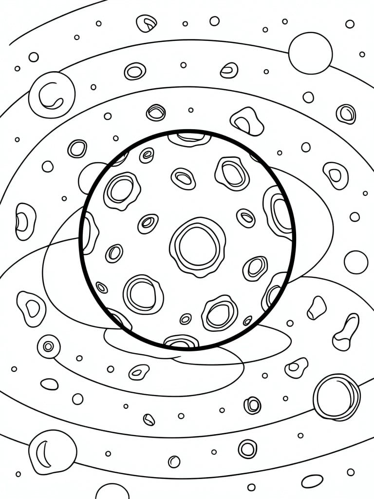 Coloring page of large cratered planet with rings, moons and asteroids in space