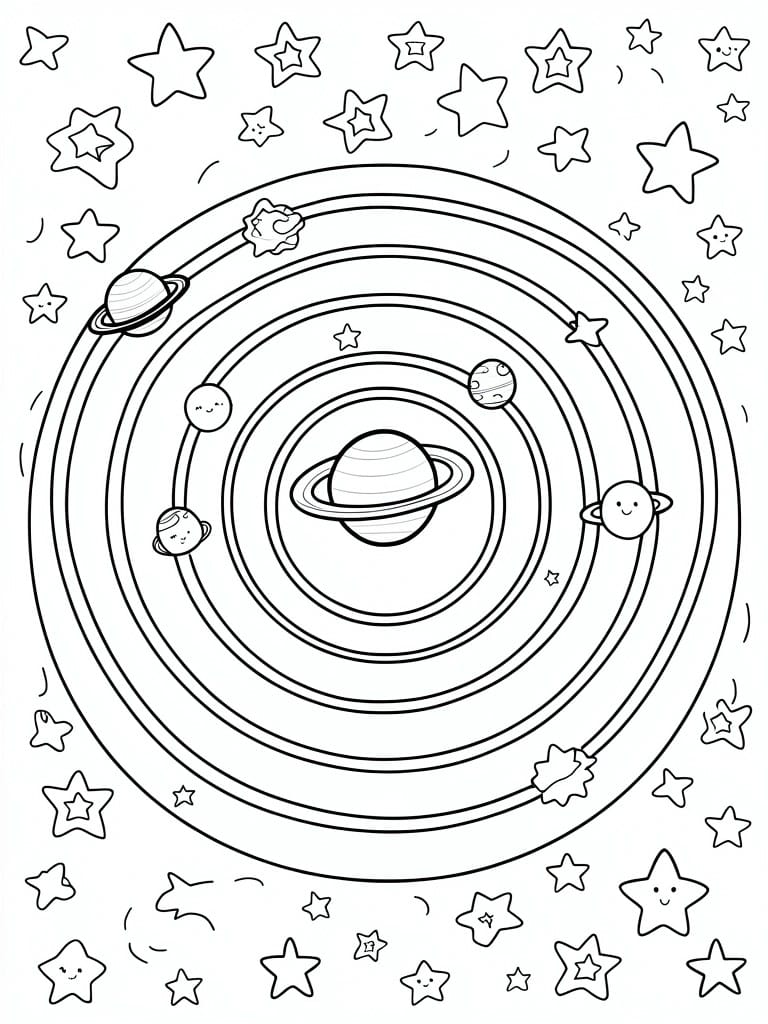 Coloring page of smiling planets orbiting ringed Saturn amid cartoon stars.