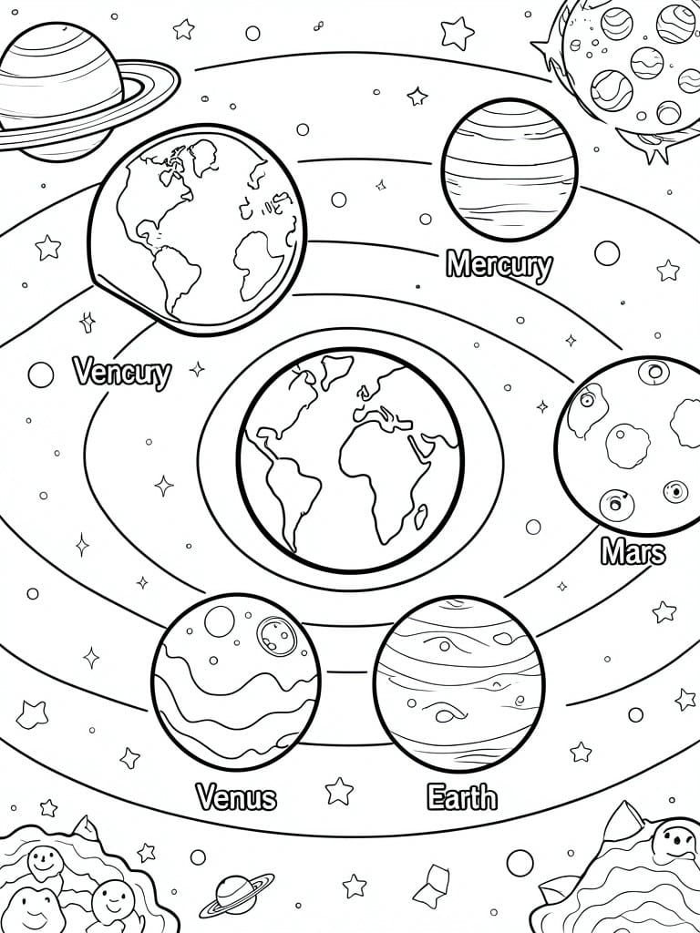 Black-and-white solar system coloring page with labeled planets, orbits, and stars