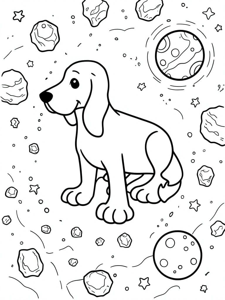 A black and white line drawing shows a dog sitting amid planets, stars, and asteroids in space.