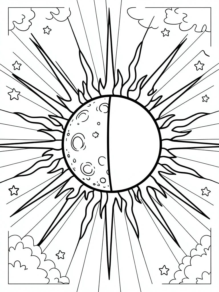 A black and white coloring page of a circle divided into a cratered moon on the left and blank sun on the right, with long rays, scattered stars, and clouds in corner frames.