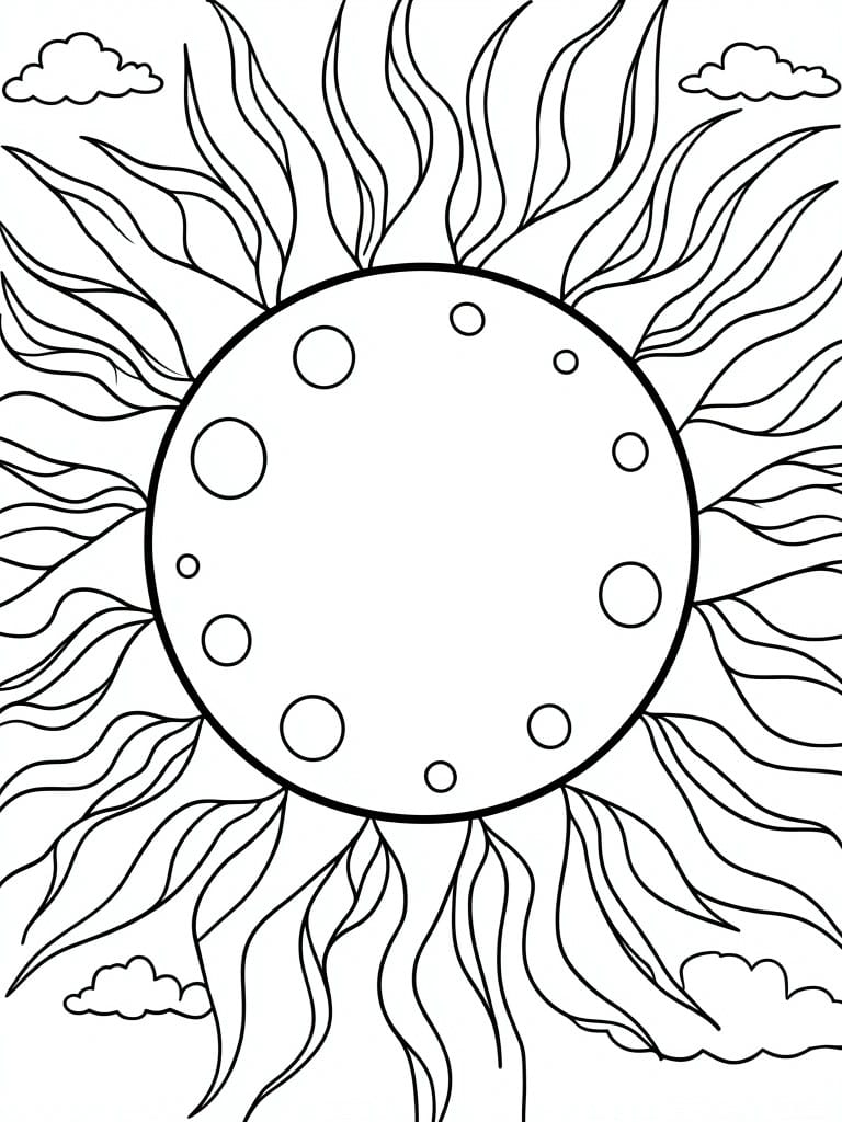 A black and white coloring page featuring a large sun with wavy rays, circular spots on its surface, and clouds in the background.
