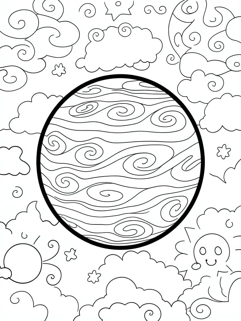 Coloring page of swirling planet amid clouds, stars, moon, and smiling sun.