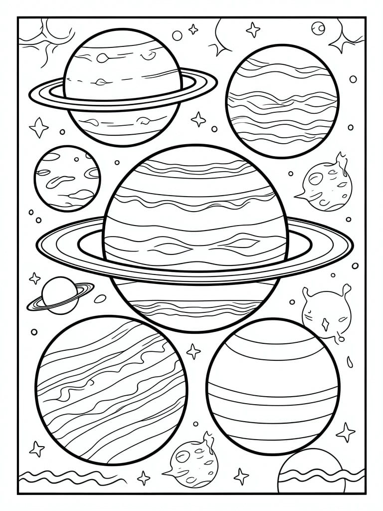 A black and white coloring page with multiple planets of different sizes, some ringed and some striped, plus stars and small space objects scattered throughout.