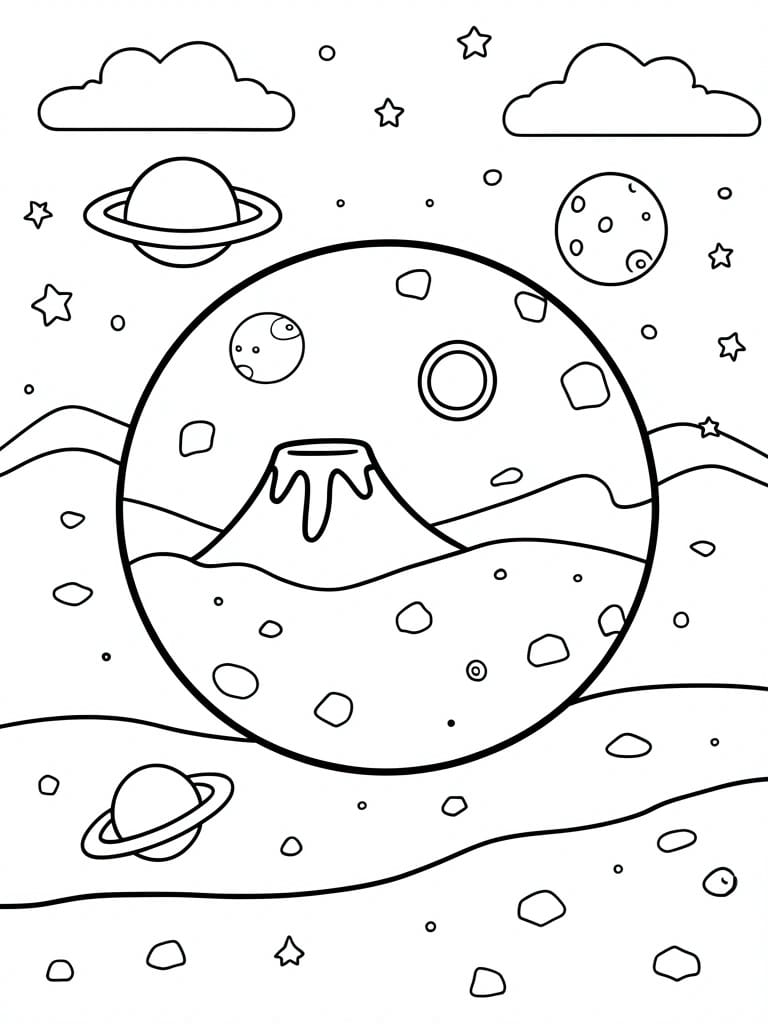 Black and white line drawing of a large planet with a volcano, ringed planets, a moon, stars, and clouds.