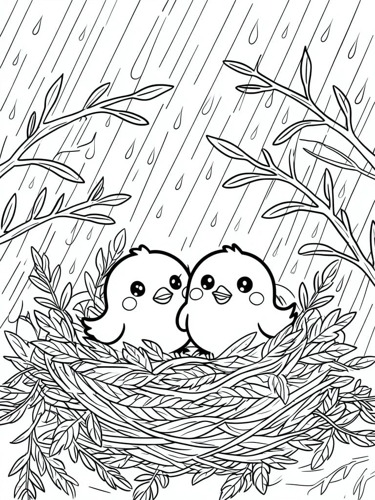 Two baby birds in a leafy nest amid falling rain, line art