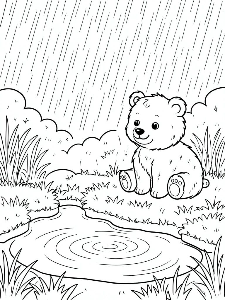 Cartoon bear sitting by a pond with rain and water ripples around it