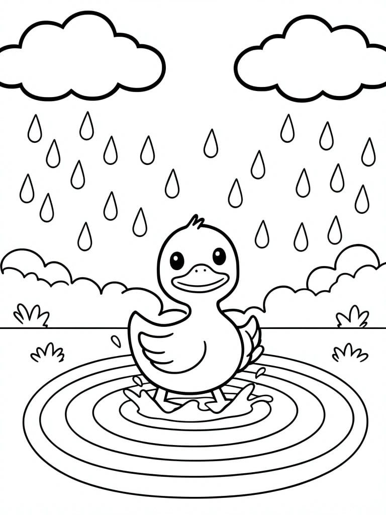 Cute duck splashing in rain puddles under cloudy sky with falling drops