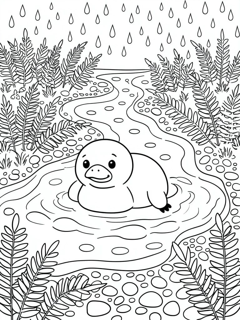 Coloring page of smiling duck swimming in rainy stream amid ferns and pebbles.