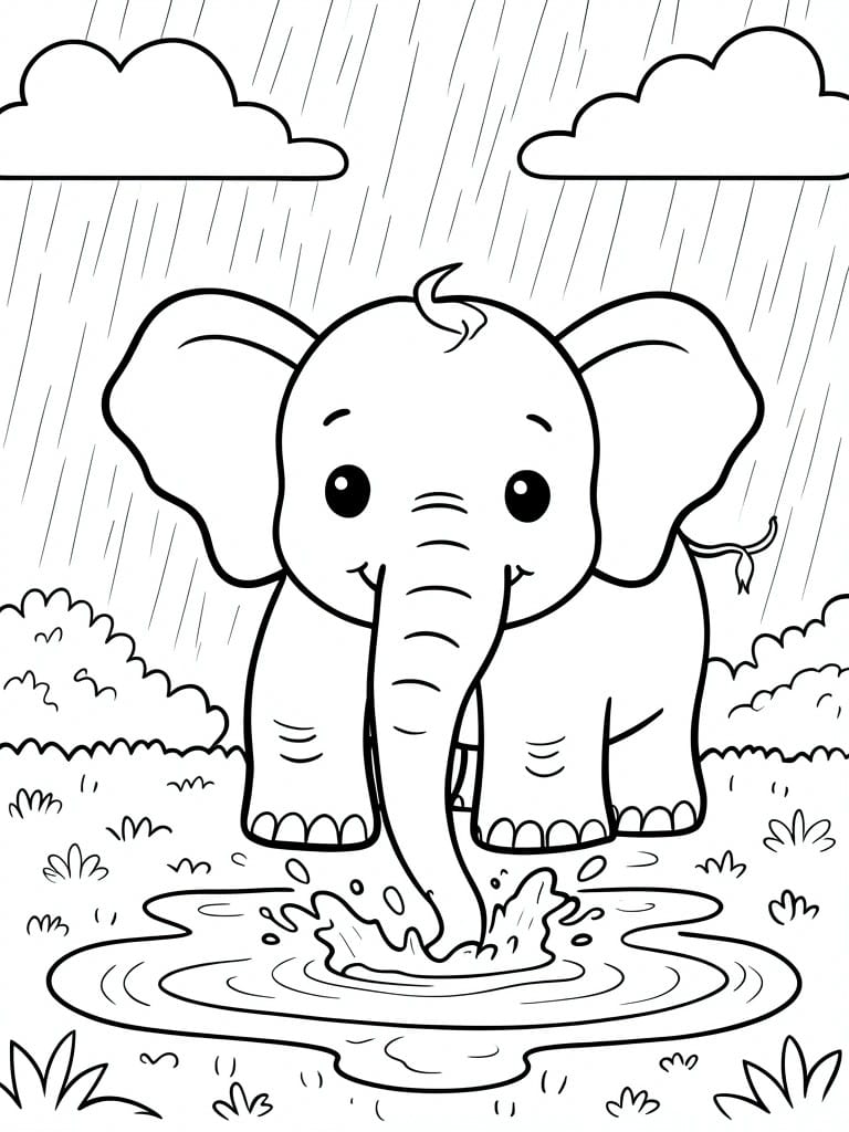 Cartoon elephant splashing in a rain puddle with clouds and bushes around.