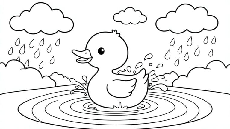24 Fun Animal Coloring Pages for Rainy Day Craft Tables Cute duck splashing in rain puddles under cloudy sky with falling drops