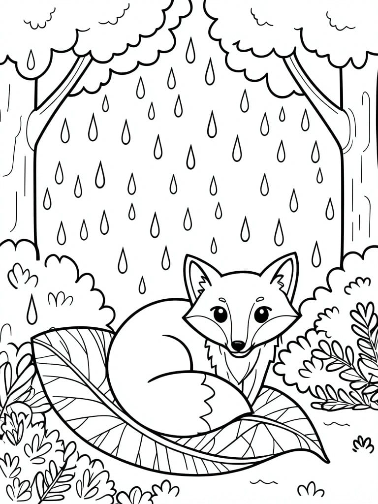 A black and white line drawing of a fox resting on a large leaf in a rainy forest with trees and bushes around it.