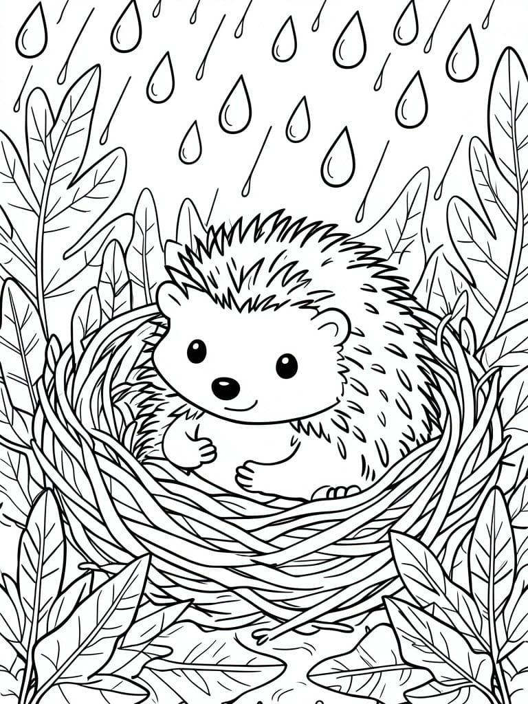 A black and white coloring page of a hedgehog in a nest of leaves with raindrops falling from above.