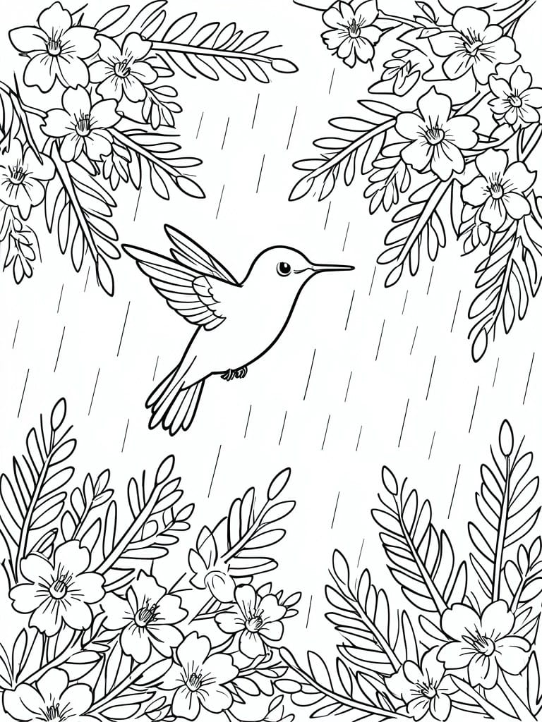 A black and white line drawing of a hummingbird flying amid flowers and rain lines with foliage borders.