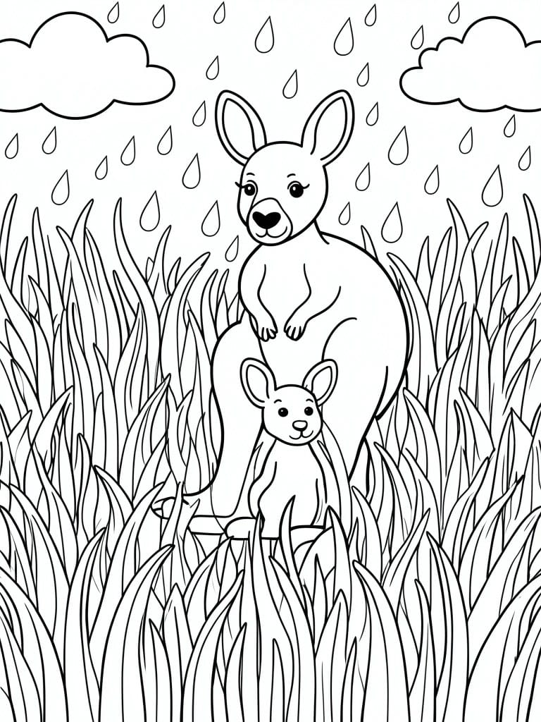 Black-and-white line drawing of kangaroo and joey in rainy grass under clouds