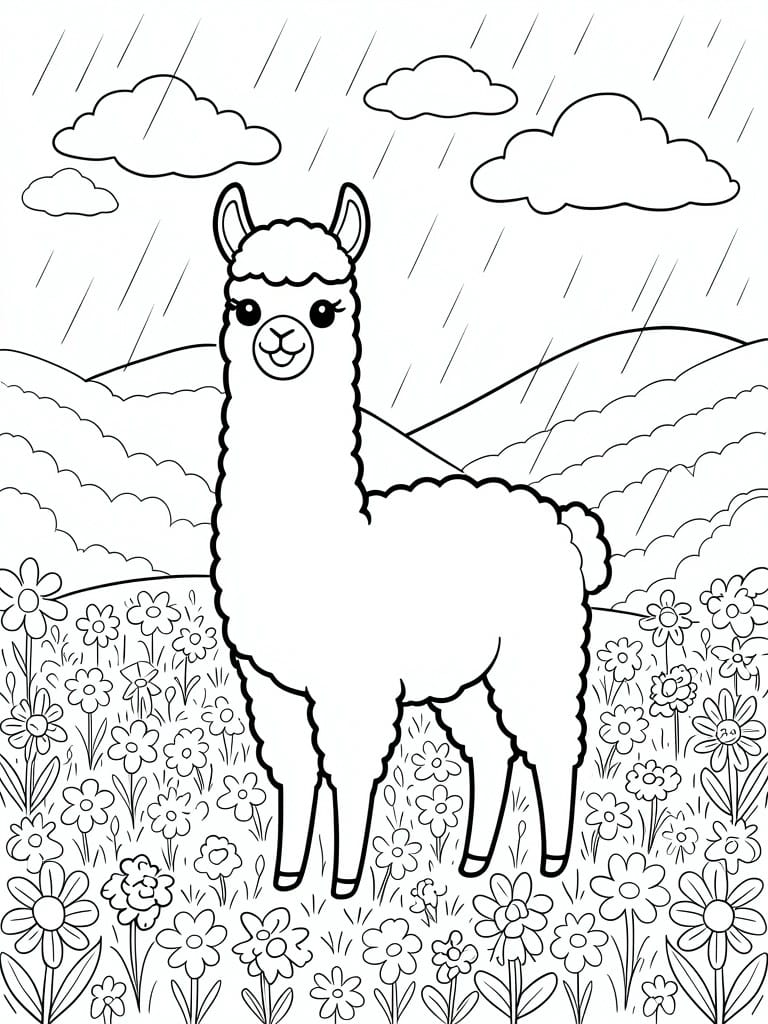 A black and white line drawing of a standing llama in a field of flowers with rain falling from clouds above hills.