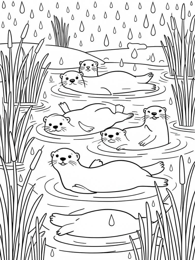A black and white coloring page of five otters in water with raindrops falling and reeds along both sides.