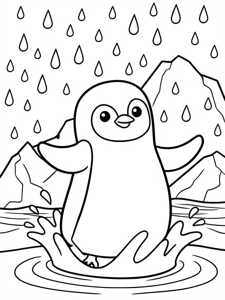 Cartoon penguin splashing in rain with rocks and mountains in background.