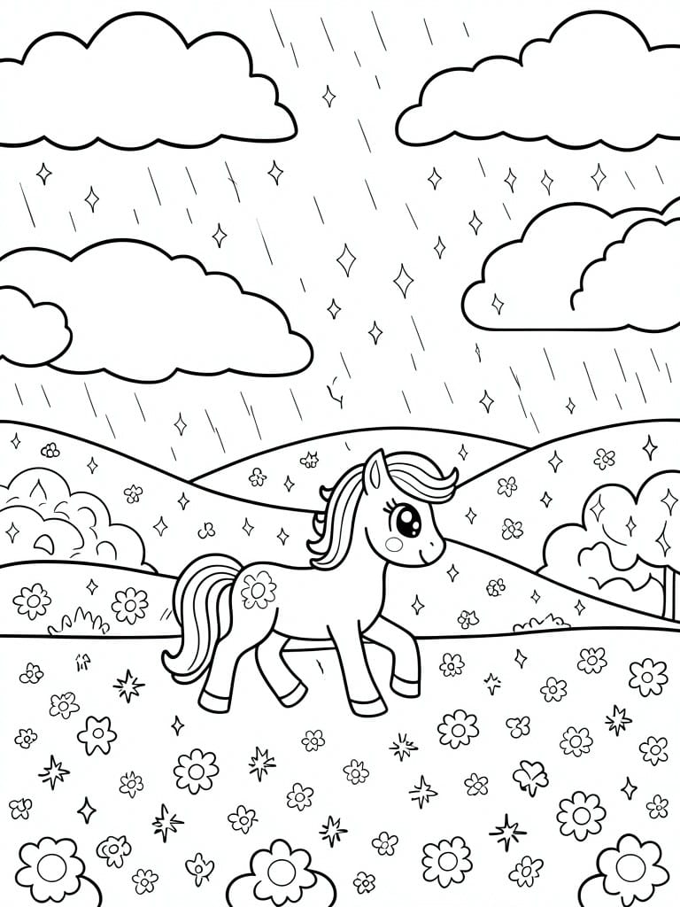 Cute unicorn walking in rainy flower meadow under starry clouds