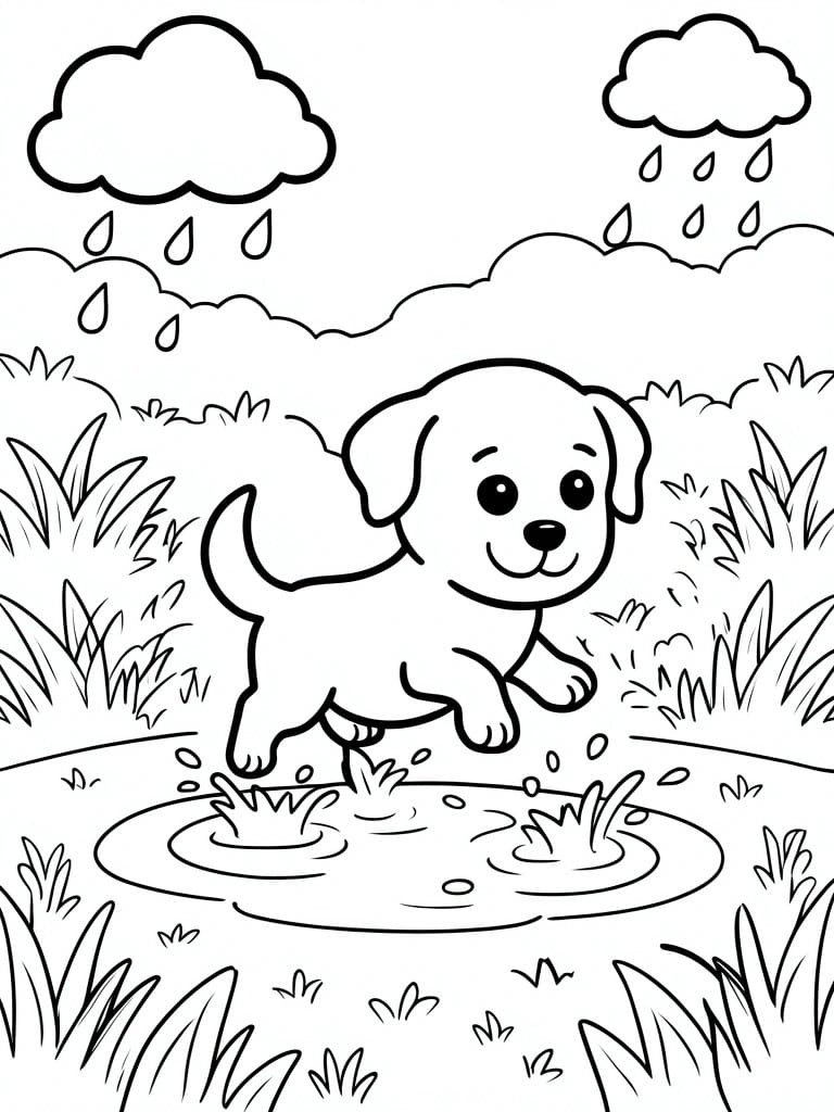 Playful cartoon puppy splashing in a puddle amid rain, grass, and clouds.
