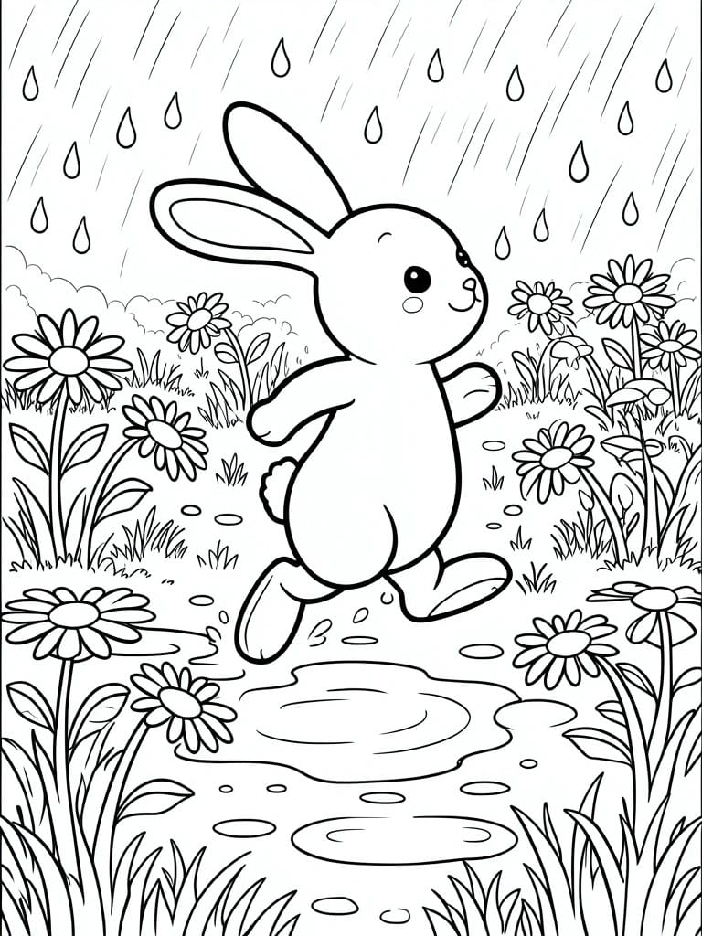 Cartoon bunny hopping in rain among daisies and puddles, black and white line art